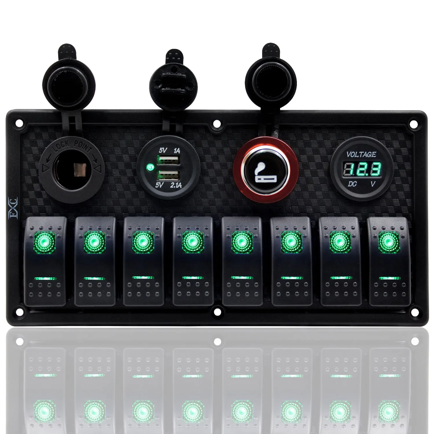 FXC Waterproof Marine Boat Rocker Switch Panel 8 Gang with Dual USB Slot Socket   Cigarette Lighter and adapter   Digital Voltage Display LED Light for Car Rv Vehicles Truck (8 Gang Green Light)