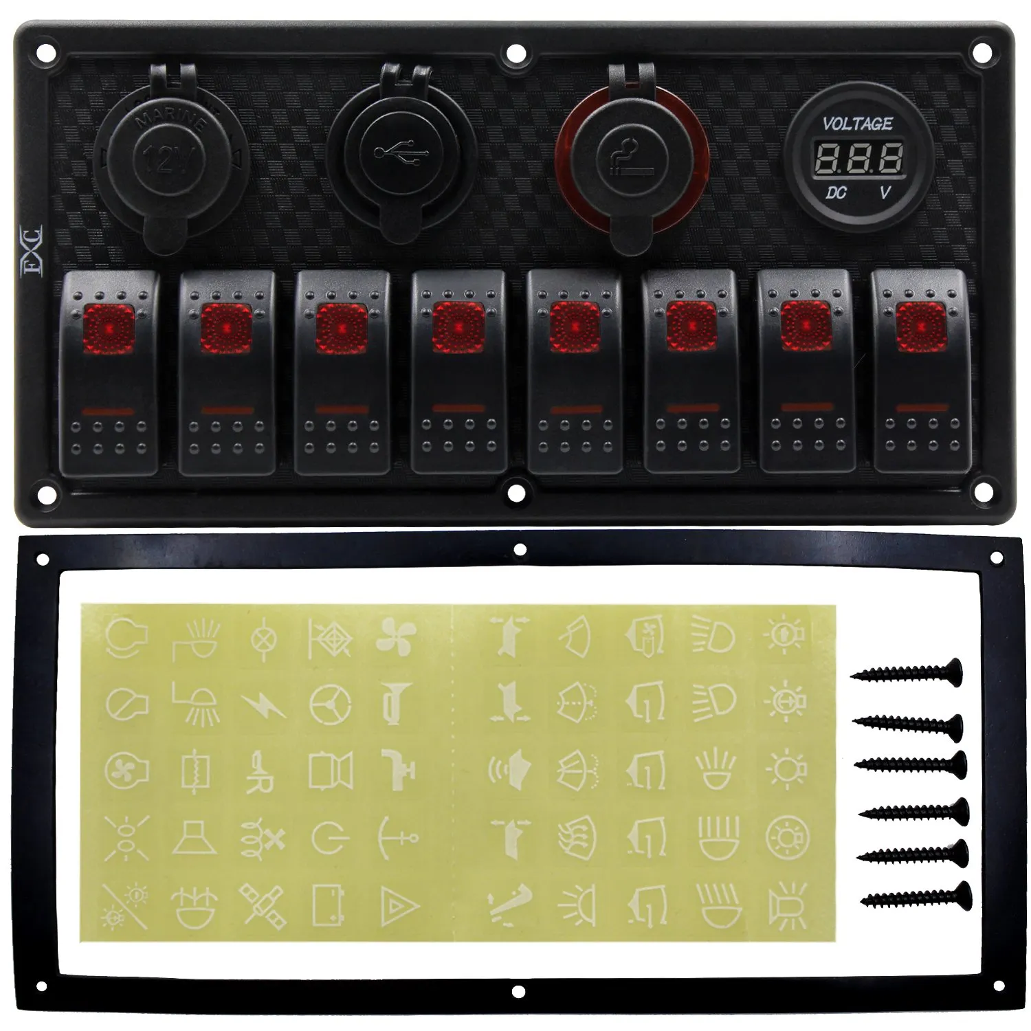 FXC Waterproof Marine Boat Rocker Switch Panel 8 Gang with Dual USB Slot Socket   Cigarette Lighter and adapter   Digital Voltage Display LED Light for Car Rv Vehicles Truck (8 Gang Red Light)