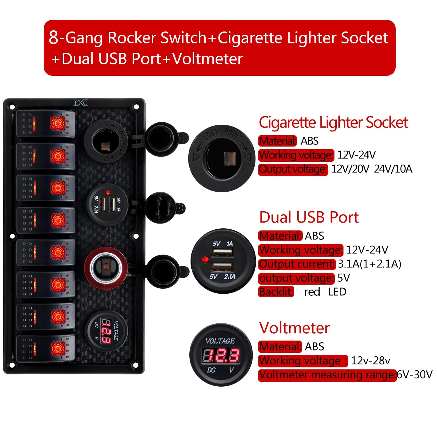 FXC Waterproof Marine Boat Rocker Switch Panel 8 Gang with Dual USB Slot Socket   Cigarette Lighter and adapter   Digital Voltage Display LED Light for Car Rv Vehicles Truck (8 Gang Red Light)