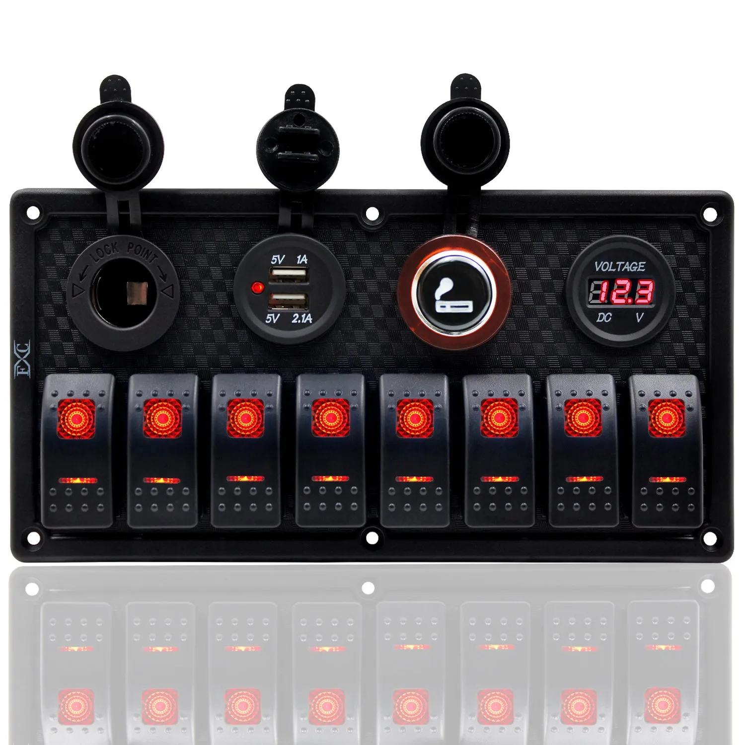 FXC Waterproof Marine Boat Rocker Switch Panel 8 Gang with Dual USB Slot Socket   Cigarette Lighter and adapter   Digital Voltage Display LED Light for Car Rv Vehicles Truck (8 Gang Red Light)