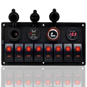 FXC Waterproof Marine Boat Rocker Switch Panel 8 Gang with Dual USB Slot Socket   Cigarette Lighter and adapter   Digital Voltage Display LED Light for Car Rv Vehicles Truck (8 Gang Red Light)
