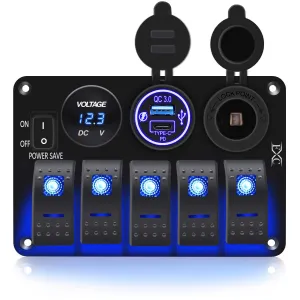 FXC Waterproof Rocker Switch Panel 5 Gang with QC3.0 USB & Type-C Slot Socket   Cigarette Lighter  LED Voltmeter with Power Save for Car Rv Marine Boat Truck(5Gang Blue LED)
