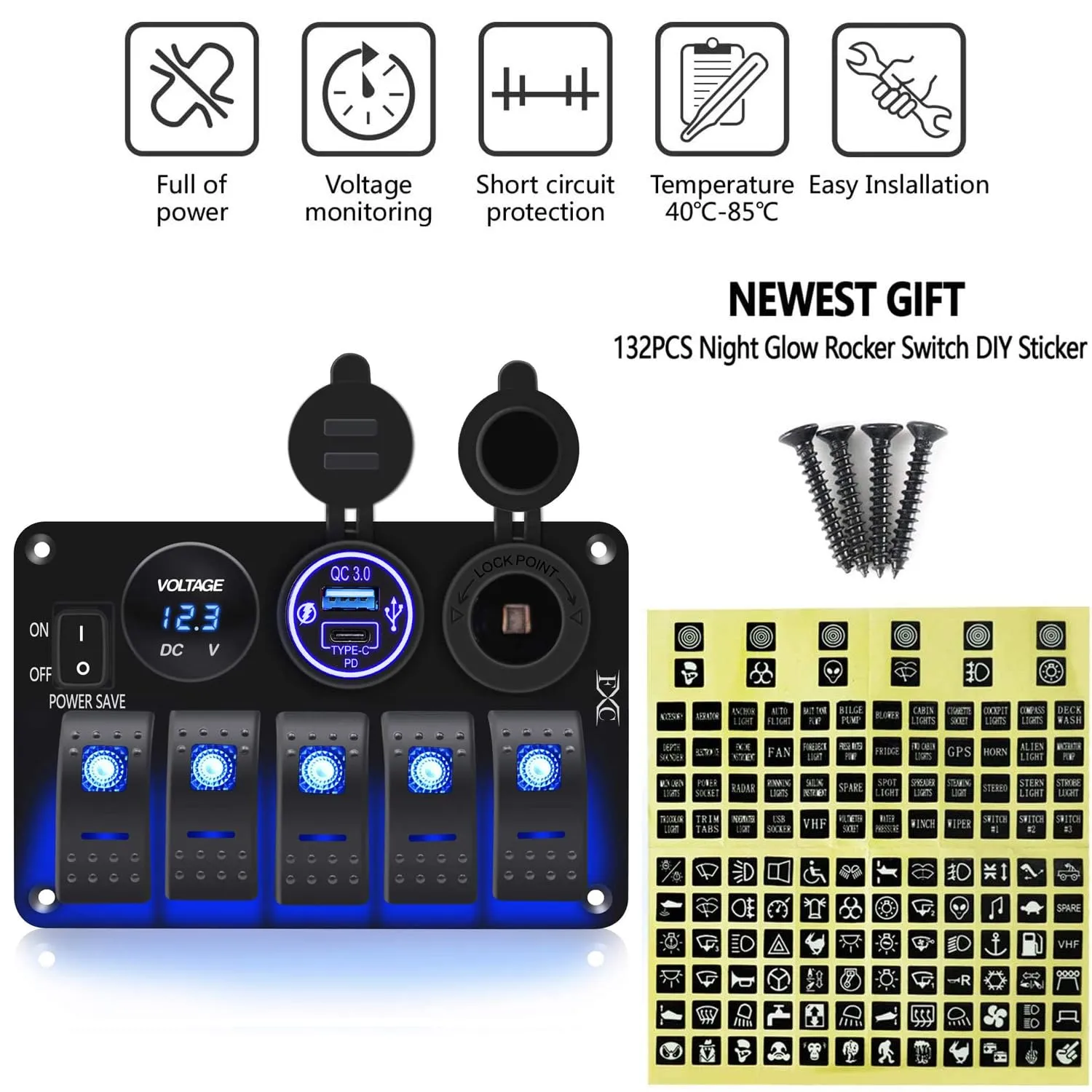 FXC Waterproof Rocker Switch Panel 5 Gang with QC3.0 USB & Type-C Slot Socket   Cigarette Lighter  LED Voltmeter with Power Save for Car Rv Marine Boat Truck(5Gang Blue LED)