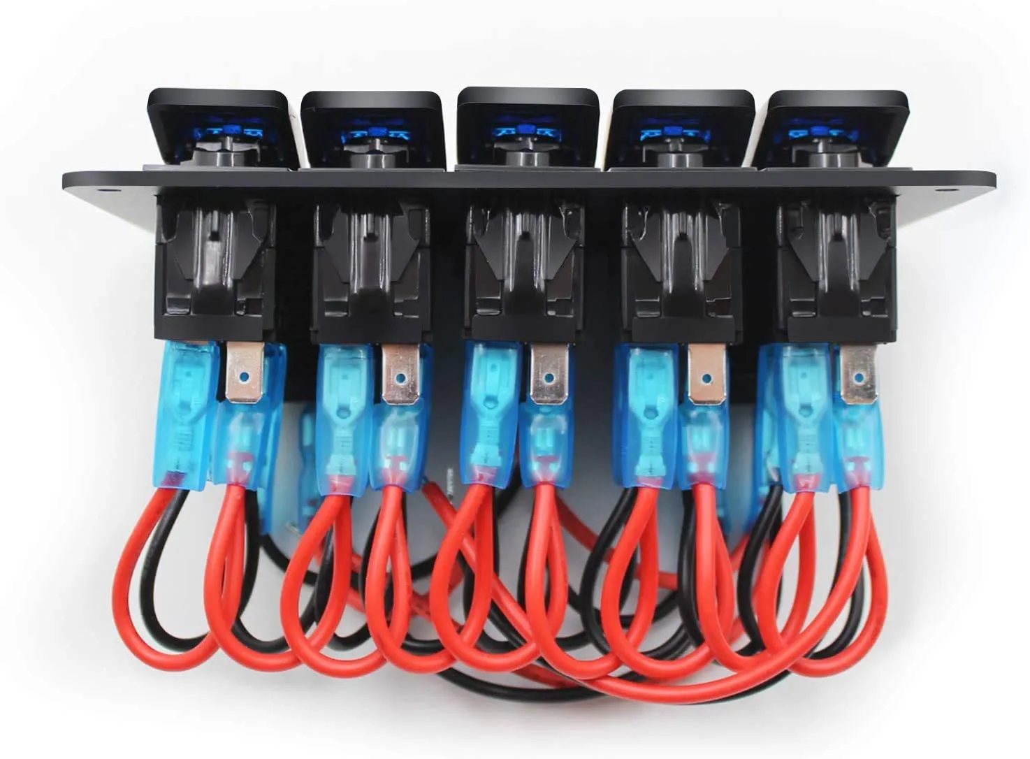 FXC Waterproof Rocker Switch Panel 5 Gang with QC3.0 USB & Type-C Slot Socket   Cigarette Lighter  LED Voltmeter with Power Save for Car Rv Marine Boat Truck(5Gang Blue LED)