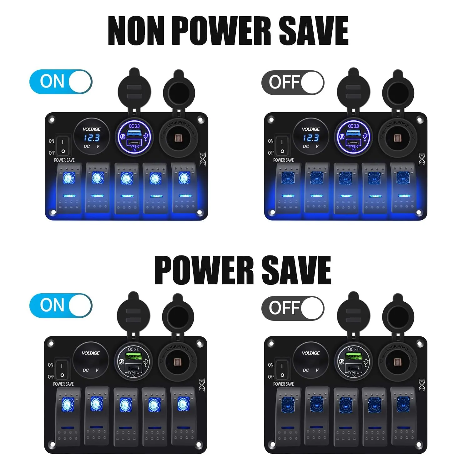 FXC Waterproof Rocker Switch Panel 5 Gang with QC3.0 USB & Type-C Slot Socket   Cigarette Lighter  LED Voltmeter with Power Save for Car Rv Marine Boat Truck(5Gang Blue LED)