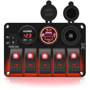 FXC Waterproof Rocker Switch Panel Red 5 Gang with QC3.0 USB & Type-C Slot Socket   Cigarette Lighter  LED Voltmeter with Power Save for Car Rv Marine Boat Truck