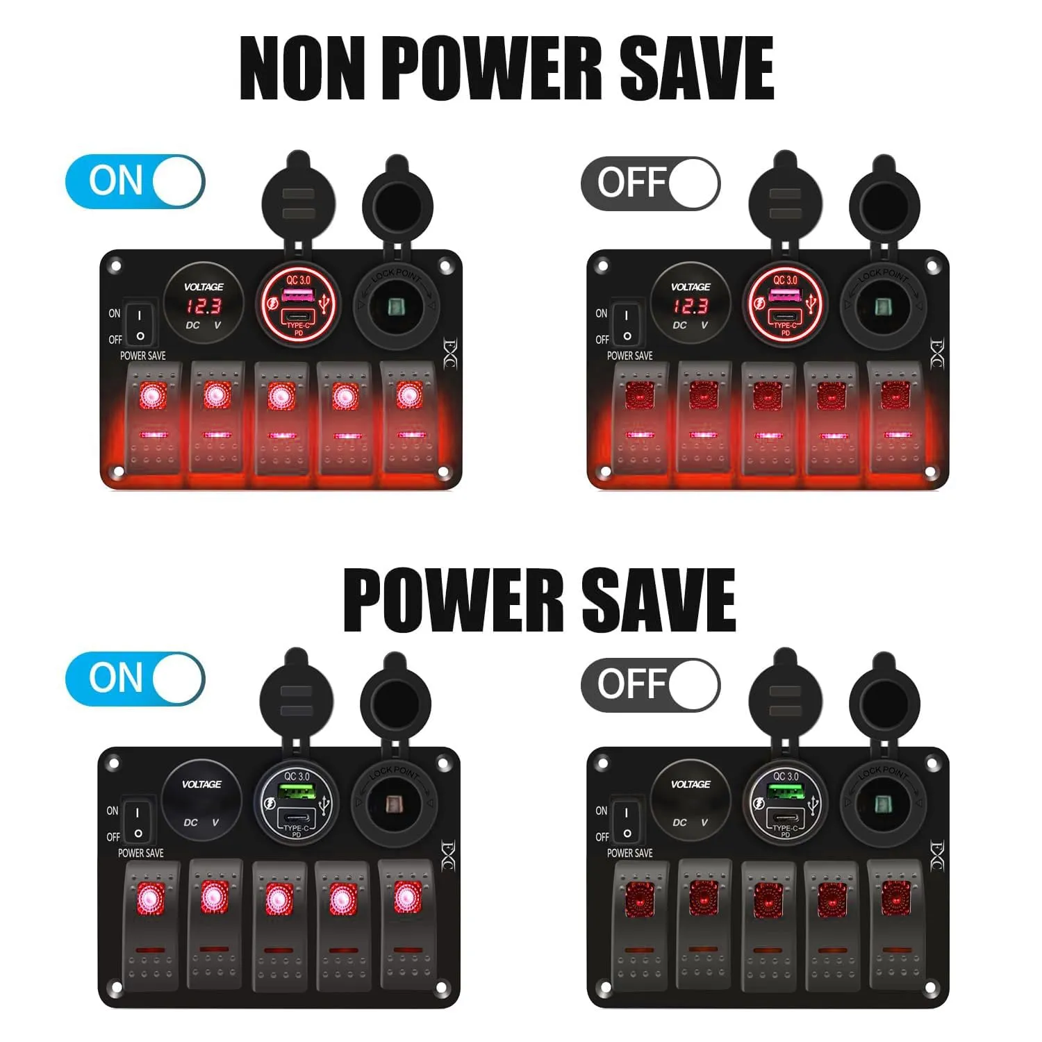 FXC Waterproof Rocker Switch Panel Red 5 Gang with QC3.0 USB & Type-C Slot Socket   Cigarette Lighter  LED Voltmeter with Power Save for Car Rv Marine Boat Truck