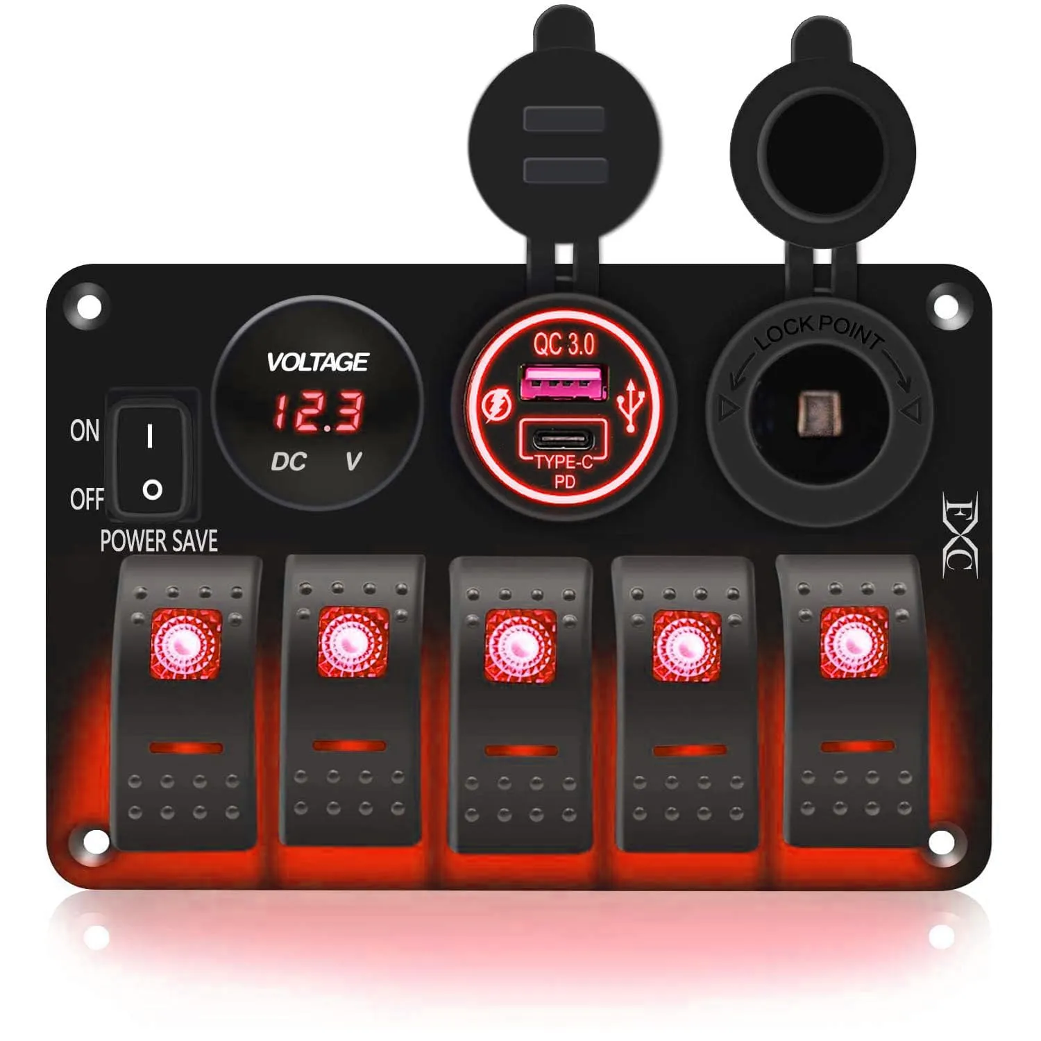 FXC Waterproof Rocker Switch Panel Red 5 Gang with QC3.0 USB & Type-C Slot Socket   Cigarette Lighter  LED Voltmeter with Power Save for Car Rv Marine Boat Truck
