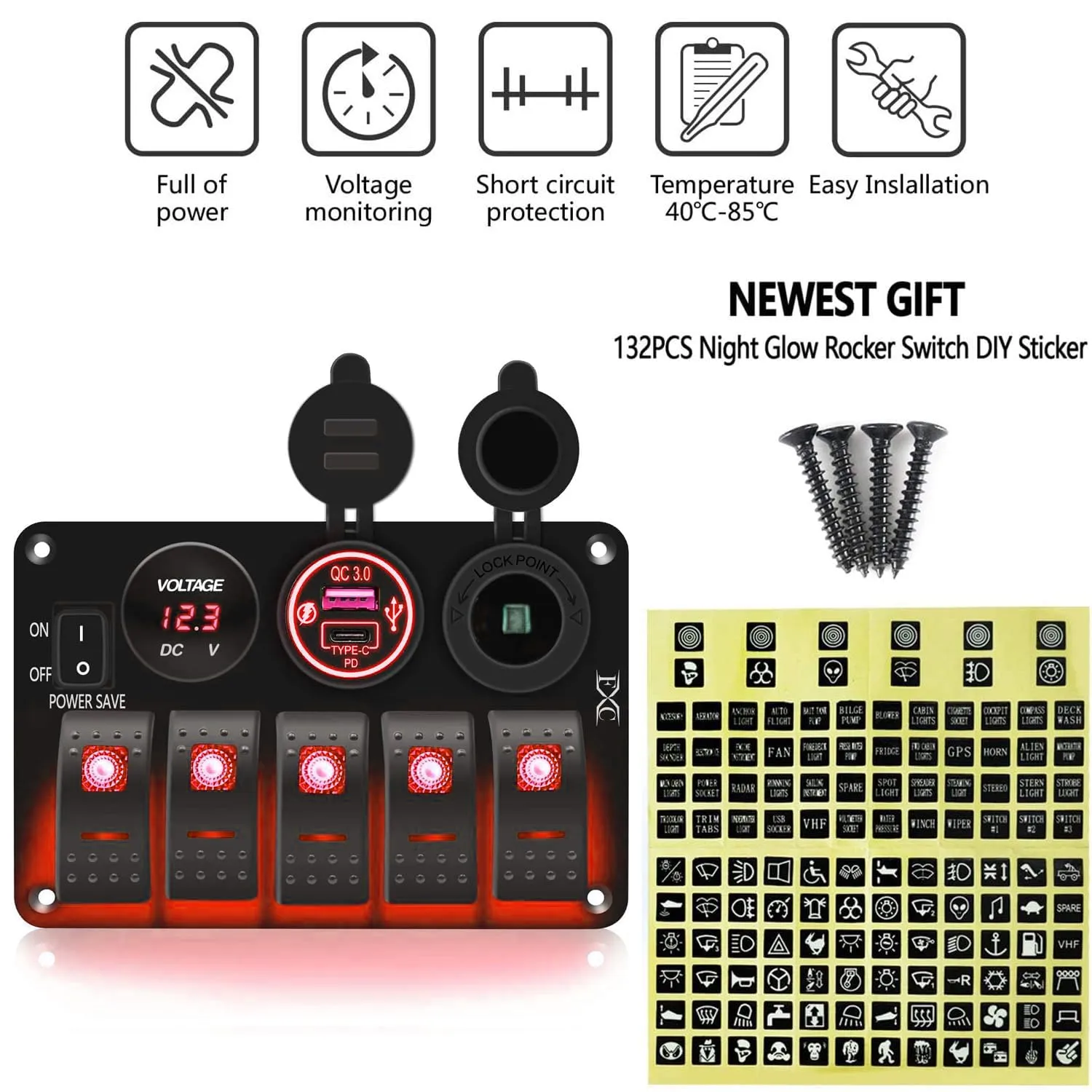 FXC Waterproof Rocker Switch Panel Red 5 Gang with QC3.0 USB & Type-C Slot Socket   Cigarette Lighter  LED Voltmeter with Power Save for Car Rv Marine Boat Truck