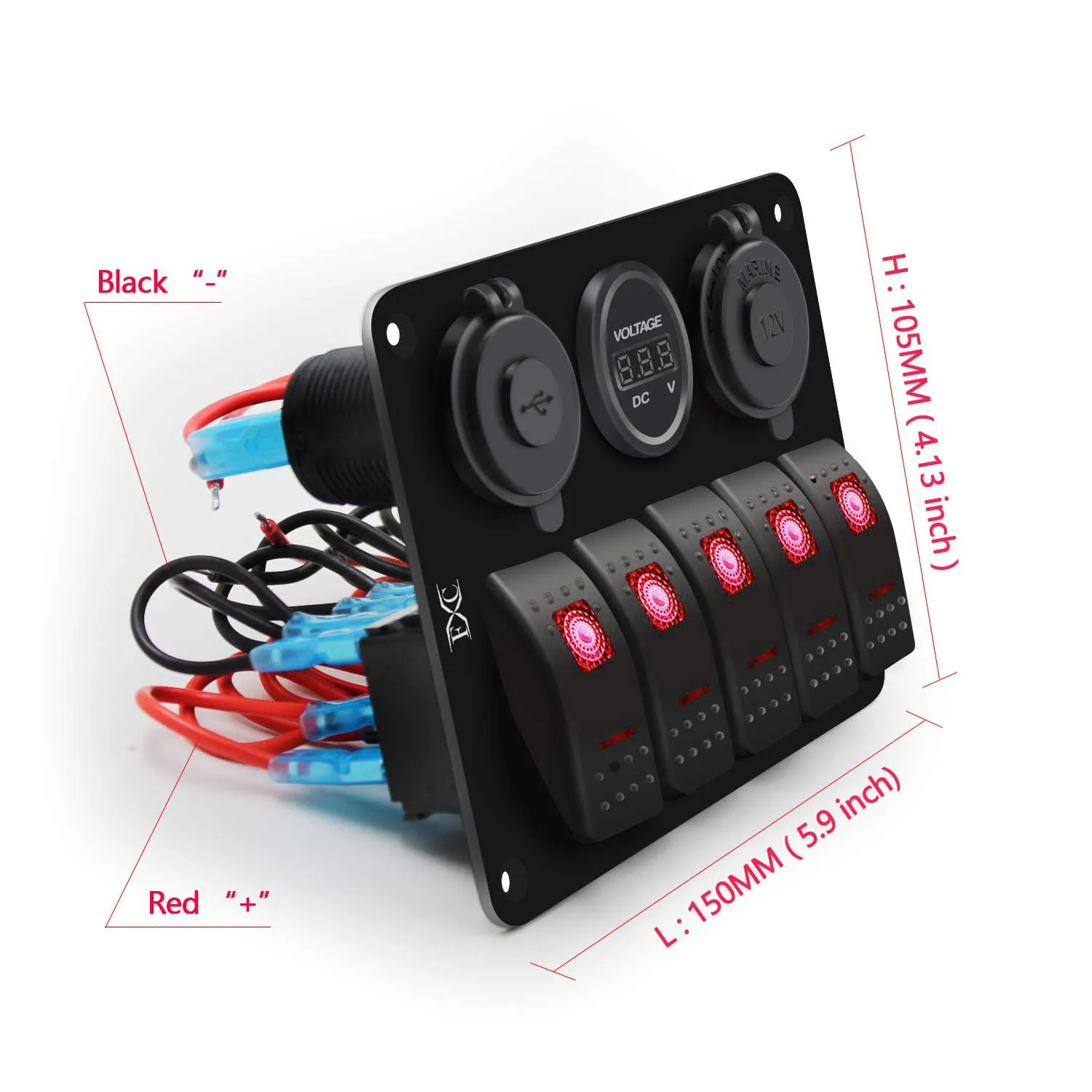 FXC Waterproof Rocker Switch Panel Red 5 Gang with QC3.0 USB & Type-C Slot Socket   Cigarette Lighter  LED Voltmeter with Power Save for Car Rv Marine Boat Truck