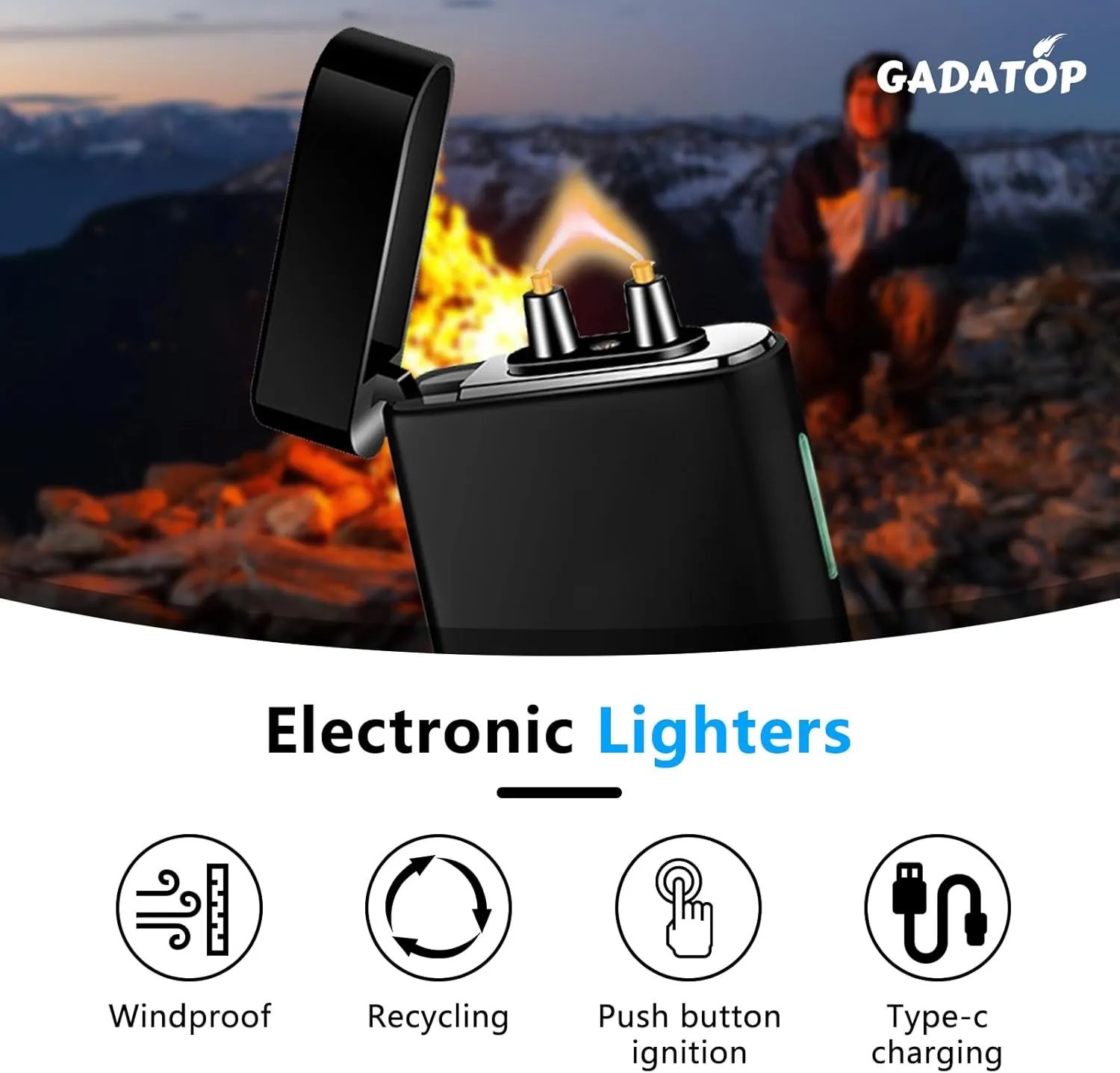 GADATOP Arc Plasma Flame Lighter Windproof Lighter Outdoor, Electric Lighter Colorful Gradient Lighter Rechargeable USB-C Lighter with Rhythmic Flashing Battery Indicator (Black)