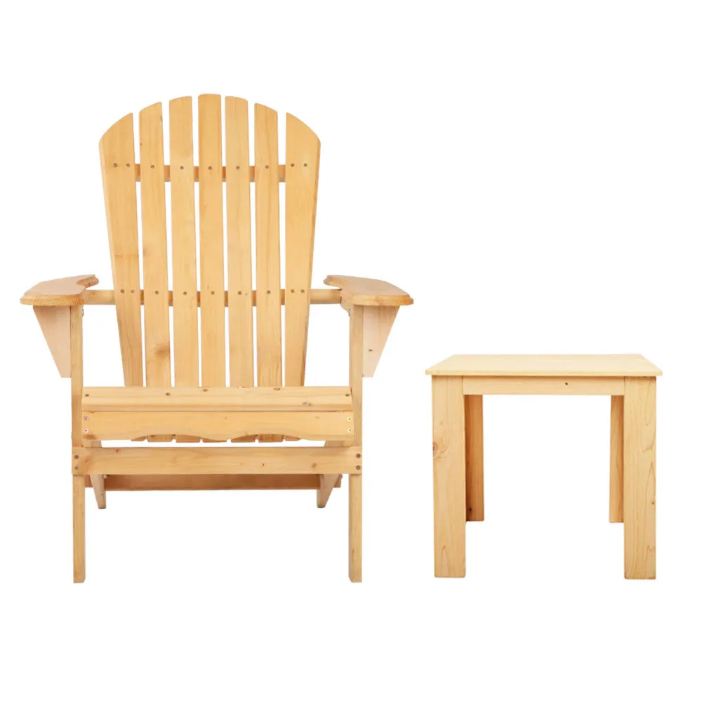 Gardeon 3PC Adirondack Outdoor Table and Chairs Wooden Foldable Beach Chair Natural FF-BEACH-SET-3NTL