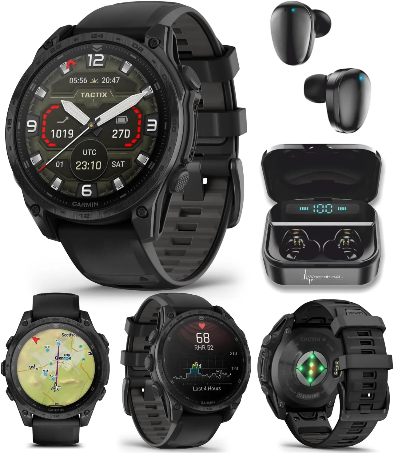 Garmin Tactix 8, 47mm AMOLED Display, Titanium Bezel, Sapphire Lens, Premium Tactical GPS Smartwatch, Includes Applied Ballistics Ultralight Solver, 40M Dive Rating, w/Wearable4U BlackEarbuds Bundle