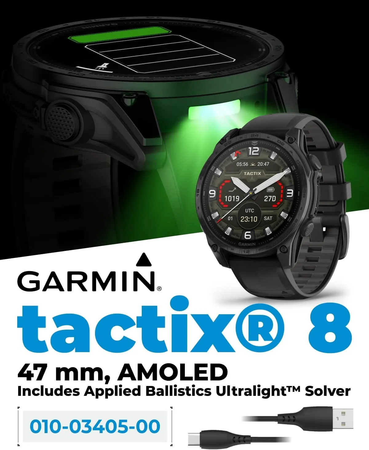 Garmin Tactix 8, 47mm AMOLED Display, Titanium Bezel, Sapphire Lens, Premium Tactical GPS Smartwatch, Includes Applied Ballistics Ultralight Solver, 40M Dive Rating, w/Wearable4U BlackEarbuds Bundle
