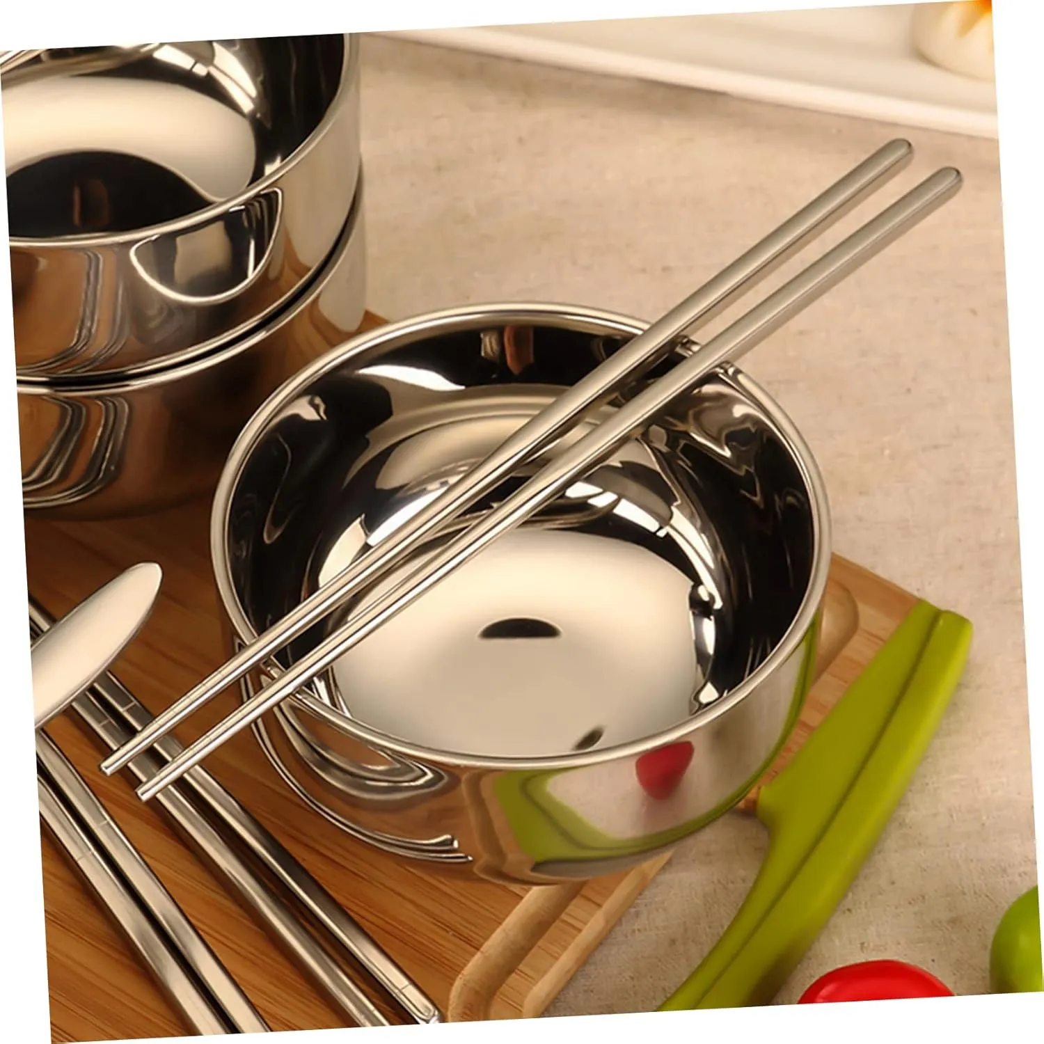 Garneck Set of 3 Stainless Steel Bowls Spoons Chopsticks Retro Style Perfect for Travel