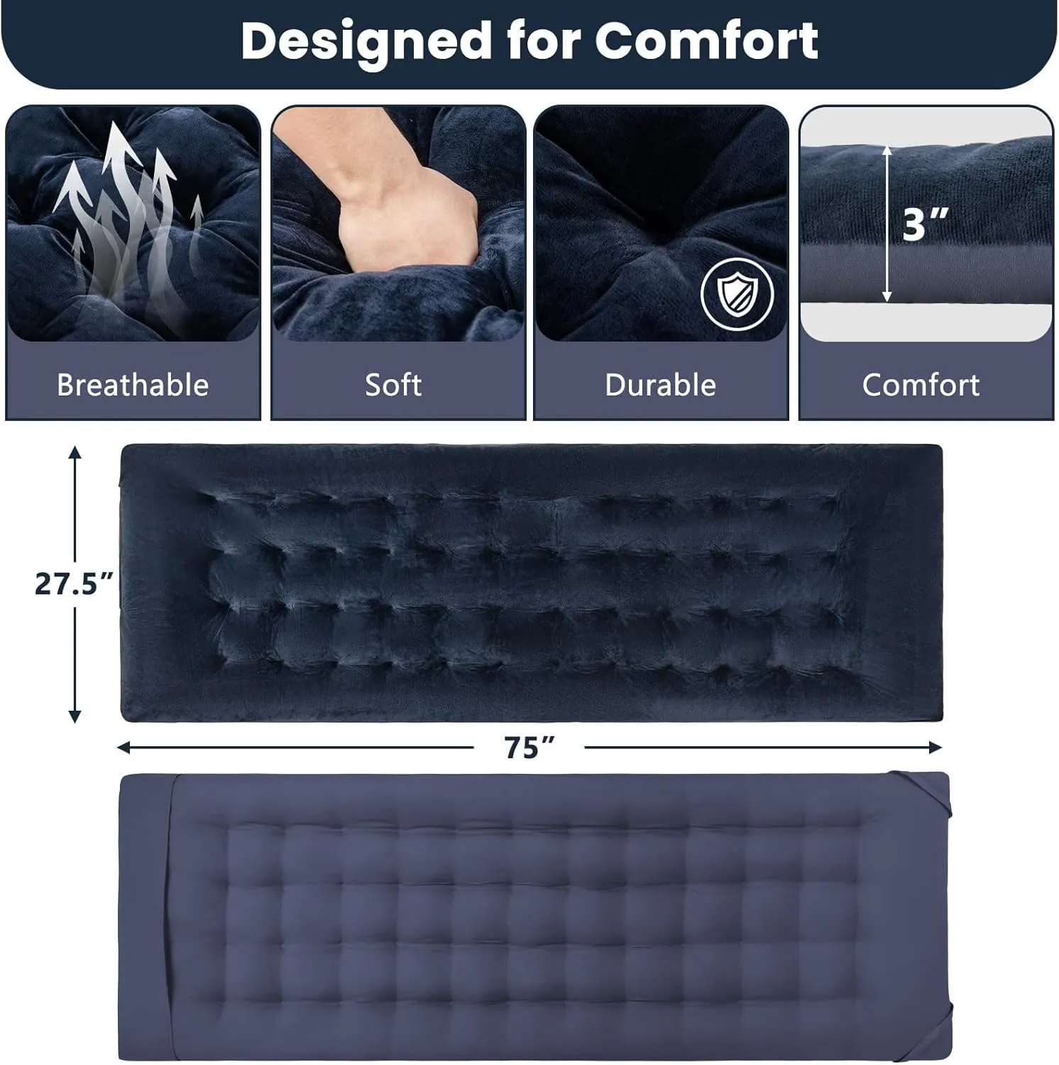 Giantex Camping Cot Pad, 75" x 27.5" x 3" Recliner Cushion with 4 Fixing Straps, Thickened Cushion for Lounge Chair and Swing, Indoor Outdoor Use, Mattress Pad for Hiking Travel Camp Vacation (Blue)