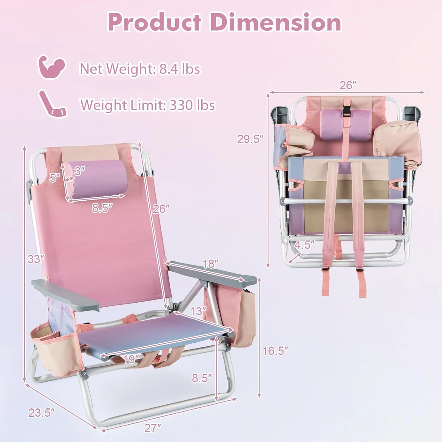 Giantex Folding Beach Chair, Patio Sling Chairs with 5 Adjustable Position, Head Pillow, Storage Bag, Towel Bar, Cup Holders, Backpack Chairs for Sunbathing, Camping Chair
