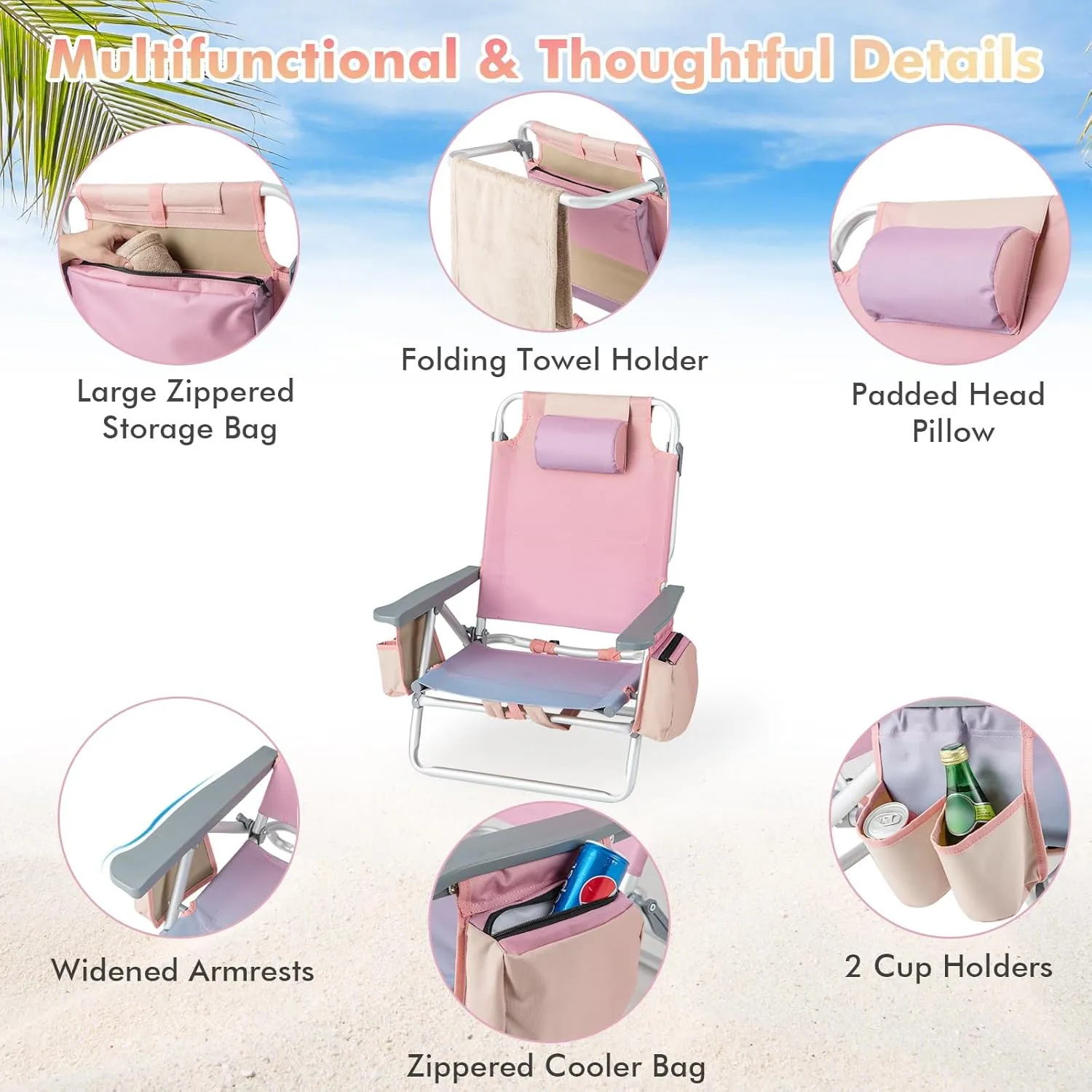 Giantex Folding Beach Chair, Patio Sling Chairs with 5 Adjustable Position, Head Pillow, Storage Bag, Towel Bar, Cup Holders, Backpack Chairs for Sunbathing, Camping Chair