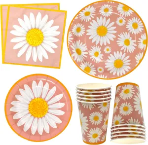Gift Boutique Daisy Flower Party Supplies Tableware Set 9" 7" Paper Plates Cups Napkins Floral Summer Spring Groovy Birthday Disposable Dinnerware Serves 24