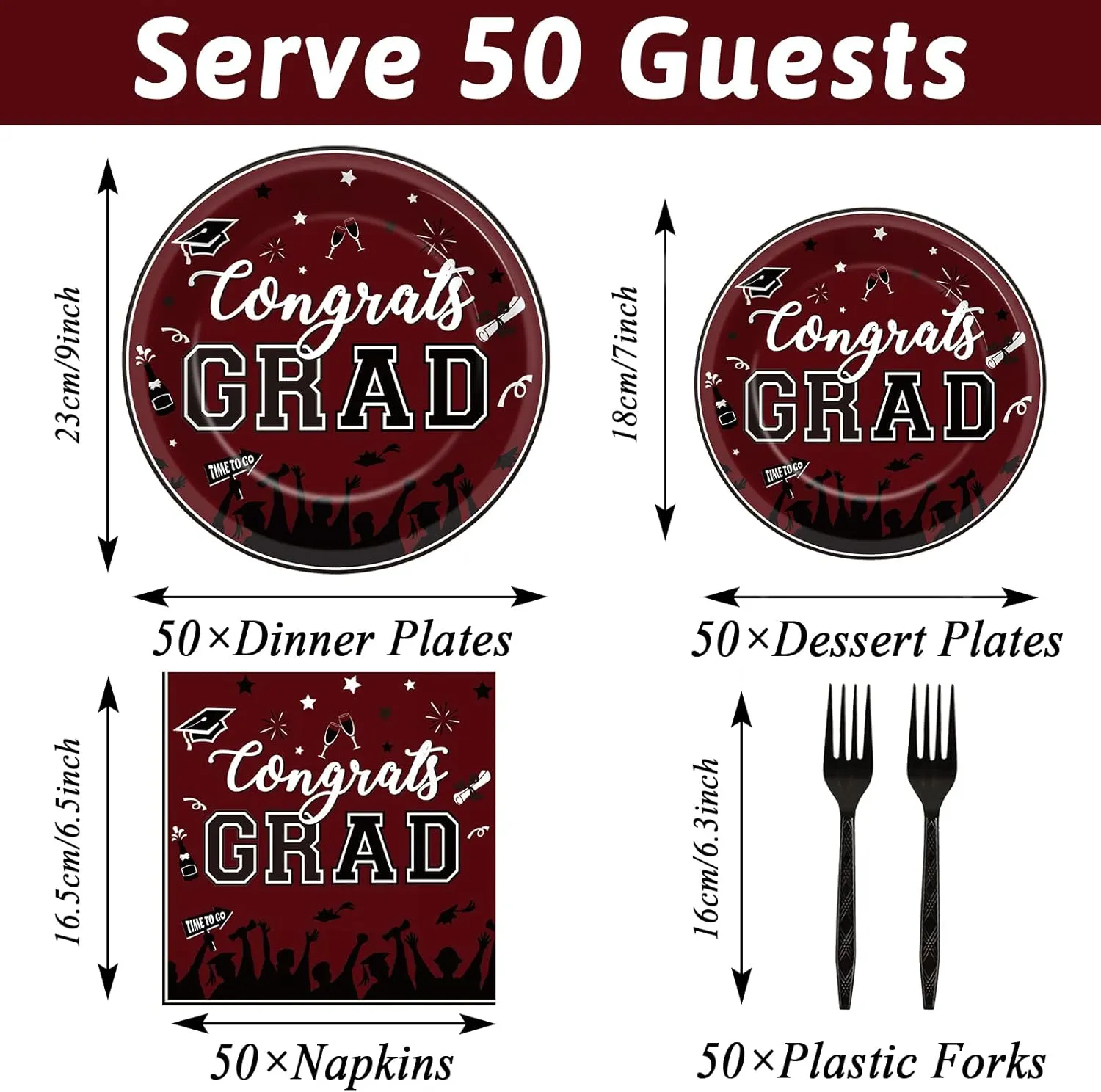 gisgfim 50 Guests Graduation Party Plates Napkins Maroon 2024 Congrats Grad Tableware Set Class of 2024 Party Supplies Disposable Plates Napkins Forks for Grad Party Decorations