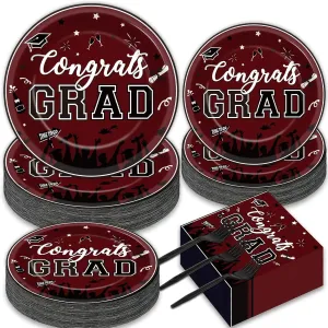 gisgfim 50 Guests Graduation Party Plates Napkins Maroon 2024 Congrats Grad Tableware Set Class of 2024 Party Supplies Disposable Plates Napkins Forks for Grad Party Decorations