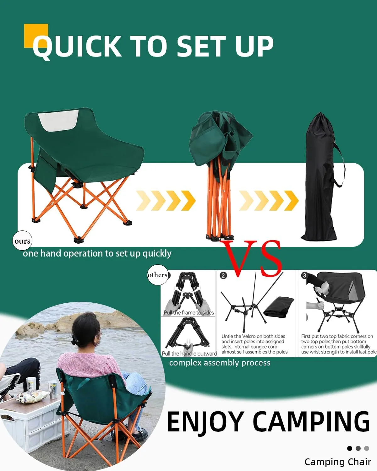 GLEAP Camping Chairs for Adult, Portable Folding Chair for Outside, Quick Set Up in Seconds Camping Chair Max 360lb Camping Chair with 2Pockets, Lightweight for Carrying