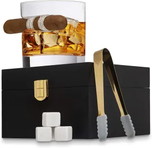 Godinger Cigar Whiskey Glass Wooden Gift Box Set with Old Fashioned Glass, Cooling Whiskey Stones and Tongs Bar Set