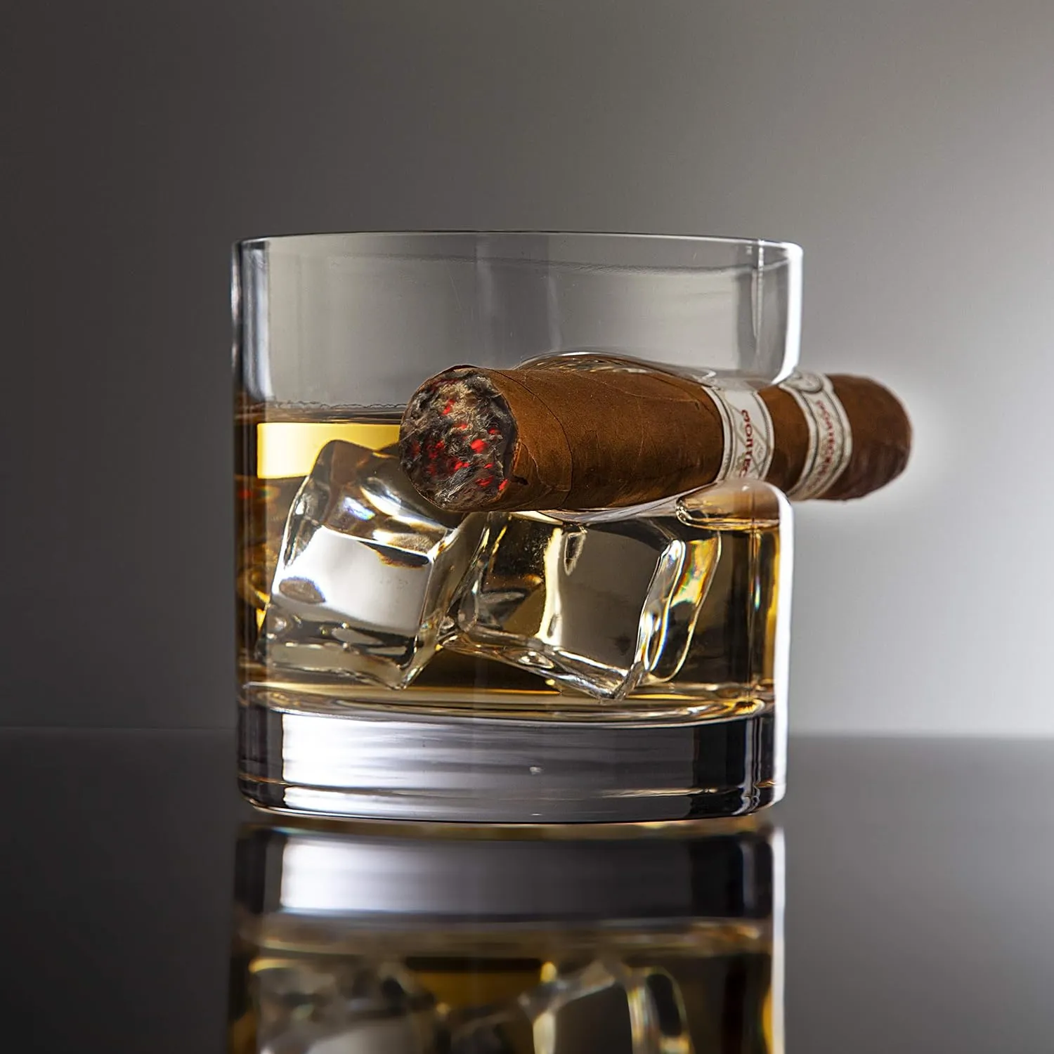 Godinger Cigar Whiskey Glass Wooden Gift Box Set with Old Fashioned Glass, Cooling Whiskey Stones and Tongs Bar Set