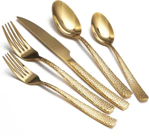 Gold Hammered Silverware Set, 20 Piece Stainless Steel Flatware Set for 4, Food-Grade Tableware Cutlery Set for Home Restaurant, Mirror Polished, Dishwasher Safe