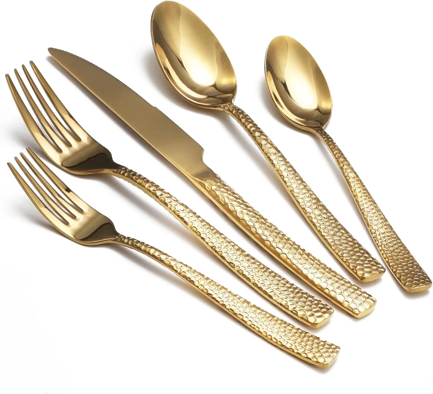 Gold Hammered Silverware Set, 20 Piece Stainless Steel Flatware Set for 4, Food-Grade Tableware Cutlery Set for Home Restaurant, Mirror Polished, Dishwasher Safe