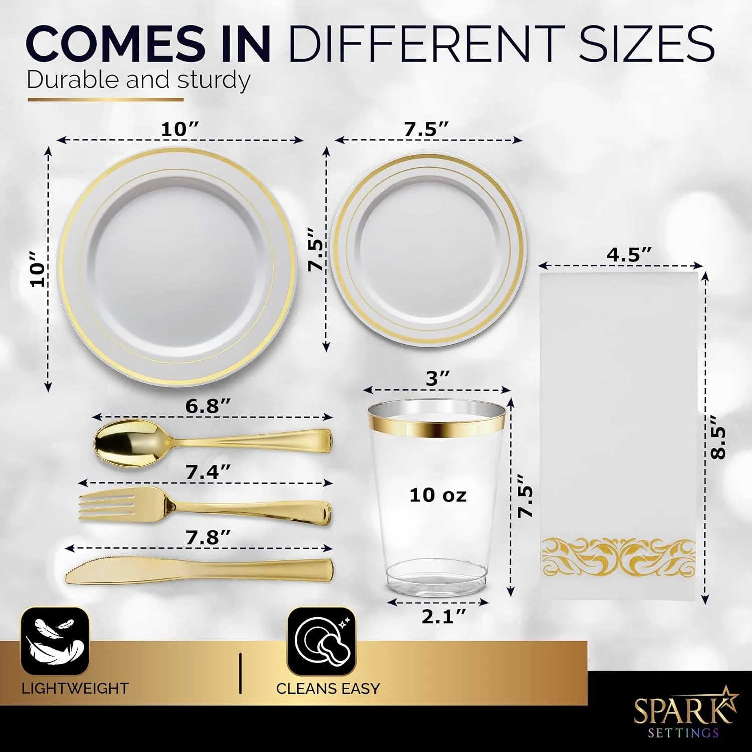 Gold Plastic Plates For Party - Silverware - 350 PC Wedding Dinnerware Set For 50 Guests, 100 Plastic Party Plates, 50 Cups, 50 Gold Cutlery Sets & 50 Napkins - By SparkSettings