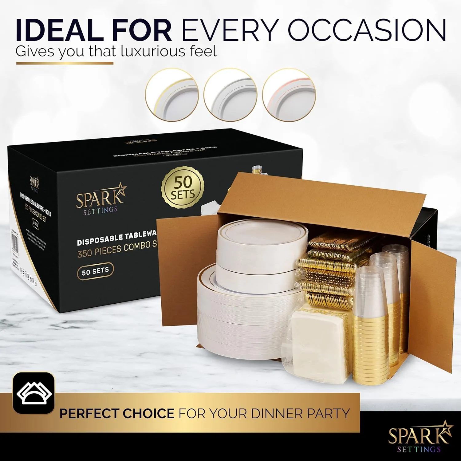 Gold Plastic Plates For Party - Silverware - 350 PC Wedding Dinnerware Set For 50 Guests, 100 Plastic Party Plates, 50 Cups, 50 Gold Cutlery Sets & 50 Napkins - By SparkSettings