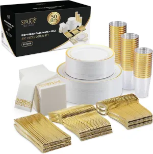 Gold Plastic Plates For Party - Silverware - 350 PC Wedding Dinnerware Set For 50 Guests, 100 Plastic Party Plates, 50 Cups, 50 Gold Cutlery Sets & 50 Napkins - By SparkSettings