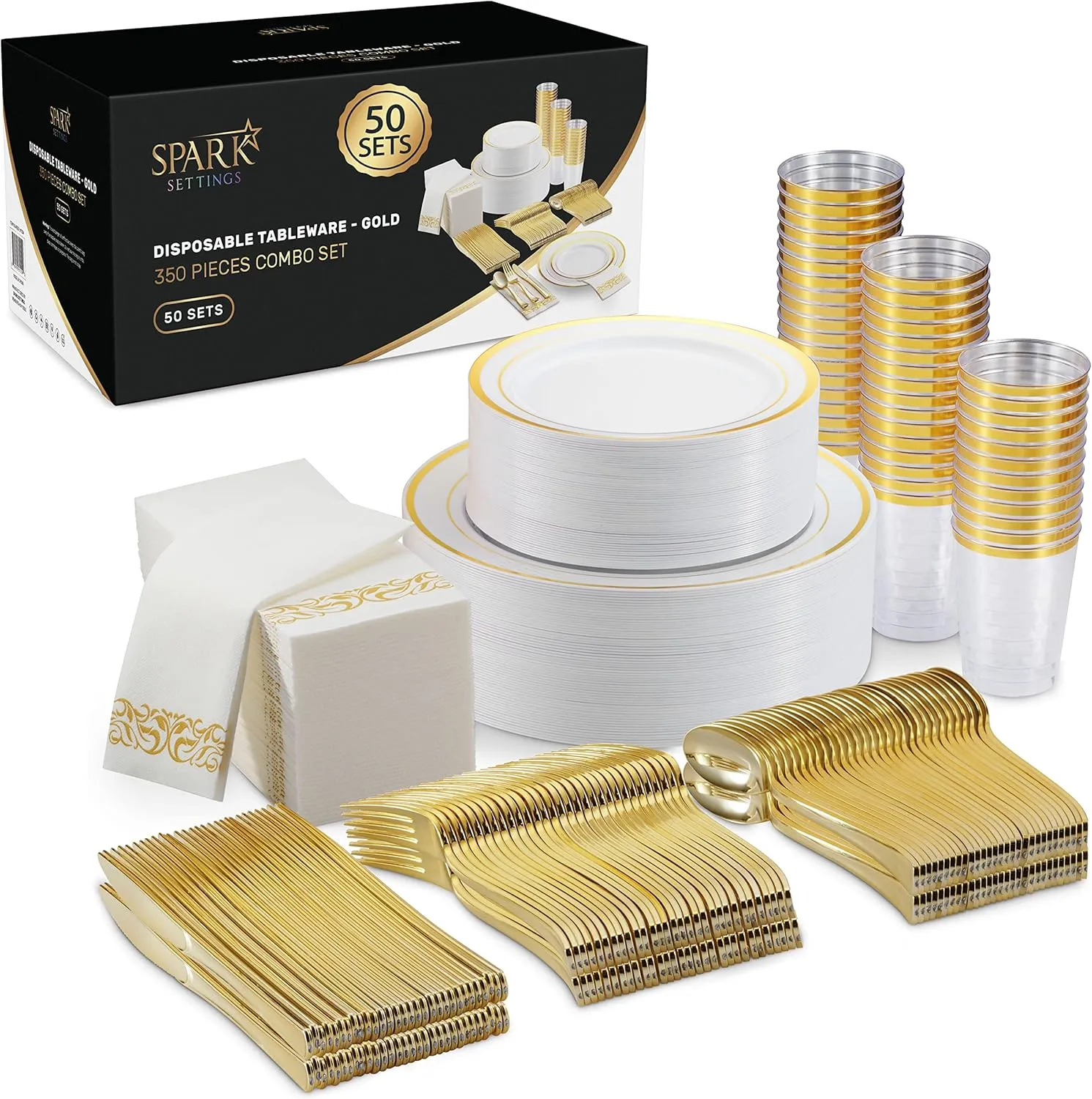 Gold Plastic Plates For Party - Silverware - 350 PC Wedding Dinnerware Set For 50 Guests, 100 Plastic Party Plates, 50 Cups, 50 Gold Cutlery Sets & 50 Napkins - By SparkSettings
