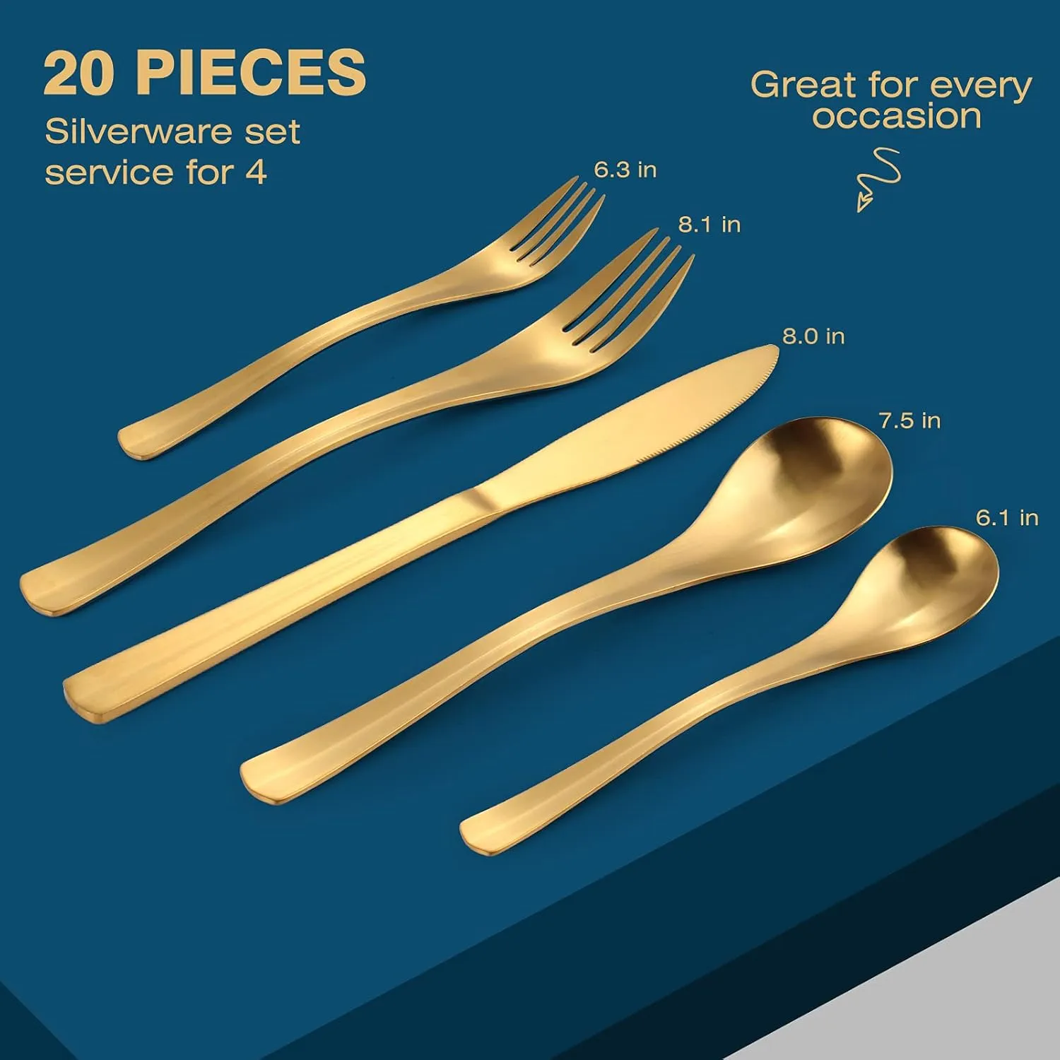 Gold Silverware Set, Bysta 20-Piece Flatware Set, Stainless Steel Utensils Service for 4, Tableware Cutlery Set for Home and Restaurant, Include Knife/Fork/Spoon, Satin Finish, Dishwasher Safe