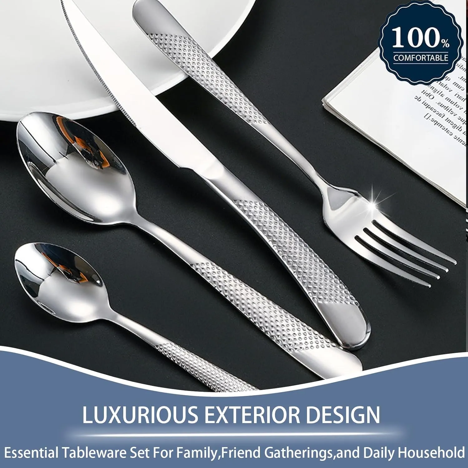 Gold Silverware Set, Caliamary 24 Pieces Flatware Set with Silverware Holder, Stainless Steel Knives and Forks and Spoons Cutlery Set Service for 6, Kitchen Utensil Tableware Set with Antiskid Handle