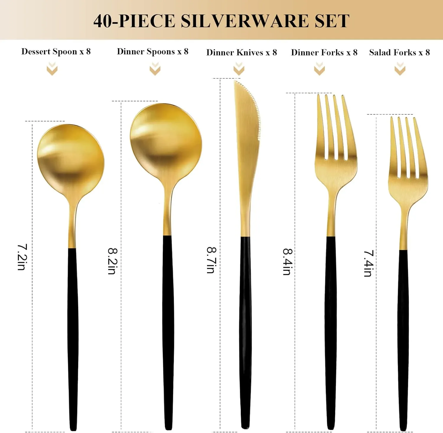 Gold Silverware Set for 8, MIKIWAY Matte Gold With Black Handle Flatware Set, 40 Pieces Stainless Steel Cutlery Tableware Set, Kitchen Utensils Set Include Spoons And Forks Set, Dishwasher Safe