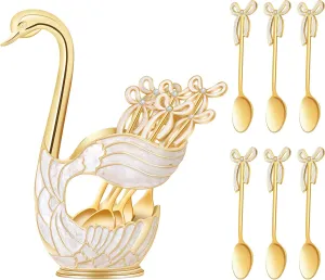 Gold Swan Base Holder,Table Decorative Swan Dessert Spoons Organizer Base Spoons Holder with 6pcs Coffee Spoon set,Elegant Gold Dessert Spoons,Premium Zinc Alloy Swan Base Spoon Organizer (Gold)