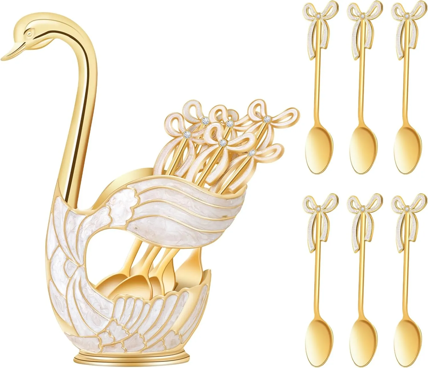 Gold Swan Base Holder,Table Decorative Swan Dessert Spoons Organizer Base Spoons Holder with 6pcs Coffee Spoon set,Elegant Gold Dessert Spoons,Premium Zinc Alloy Swan Base Spoon Organizer (Gold)