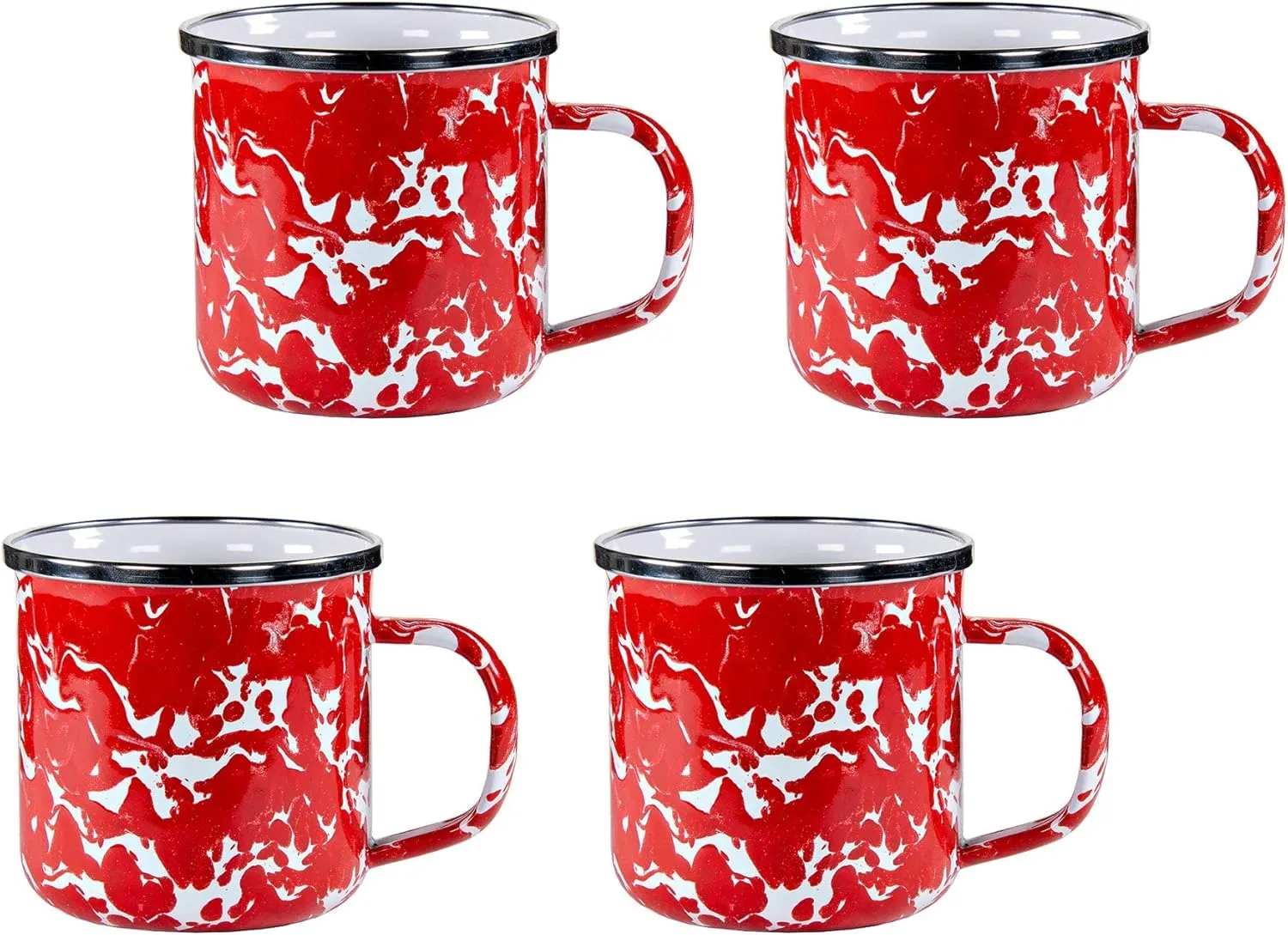 Golden Rabbit Enamelware - Set of 4-12oz Mugs (Red Swirl)