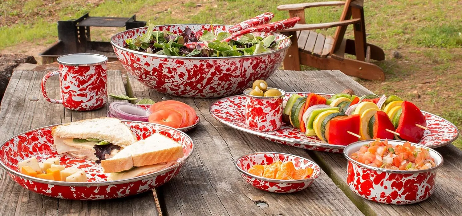 Golden Rabbit Enamelware - Set of 4-12oz Mugs (Red Swirl)