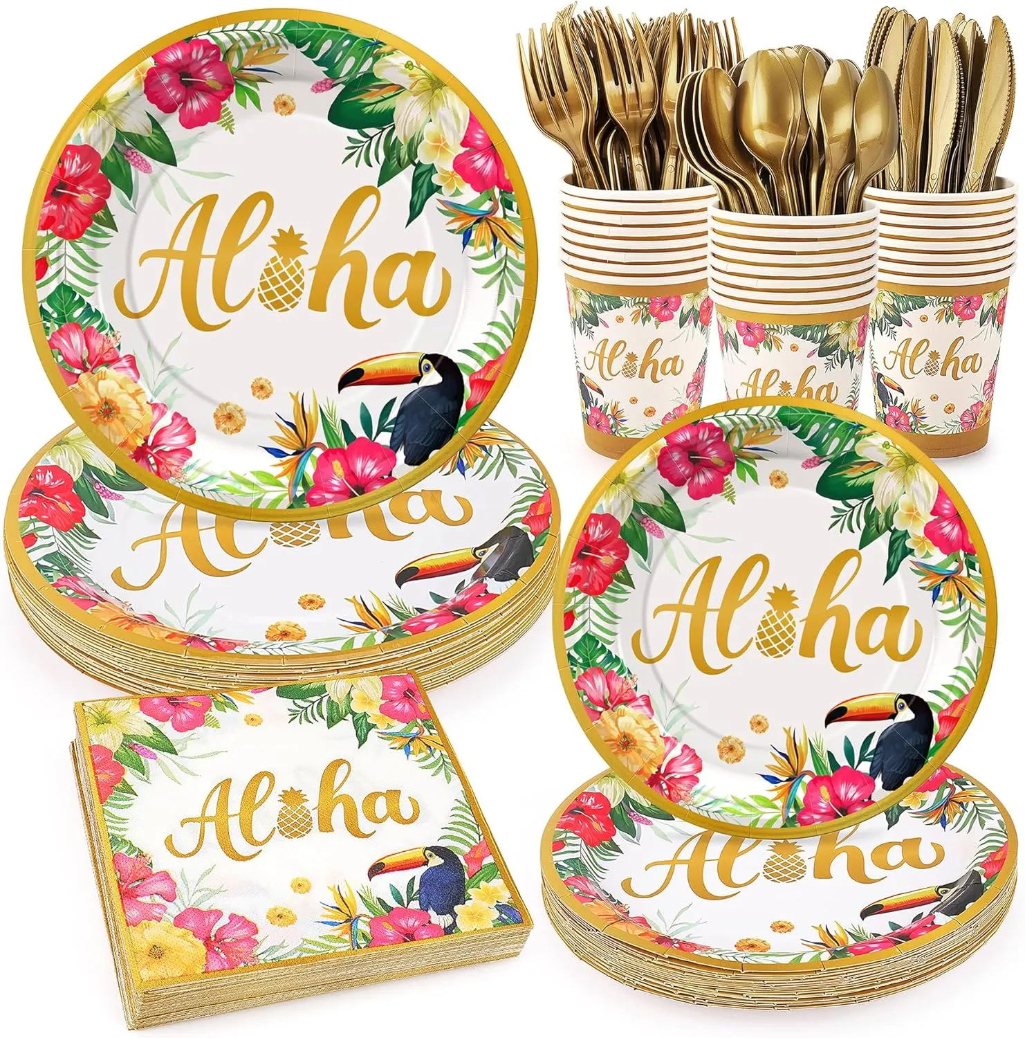 Golden Tropical Luau Party Tableware Supplies, 168PCS Hawaiian Plates Napkins Cups and Cutlery Set, 24 Set Aloha Disposable Dinnerware for Luau Birthday Party Decorations