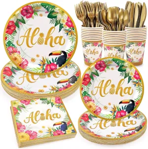 Golden Tropical Luau Party Tableware Supplies, 168PCS Hawaiian Plates Napkins Cups and Cutlery Set, 24 Set Aloha Disposable Dinnerware for Luau Birthday Party Decorations