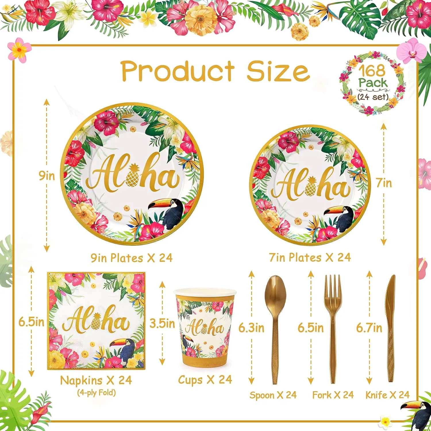 Golden Tropical Luau Party Tableware Supplies, 168PCS Hawaiian Plates Napkins Cups and Cutlery Set, 24 Set Aloha Disposable Dinnerware for Luau Birthday Party Decorations