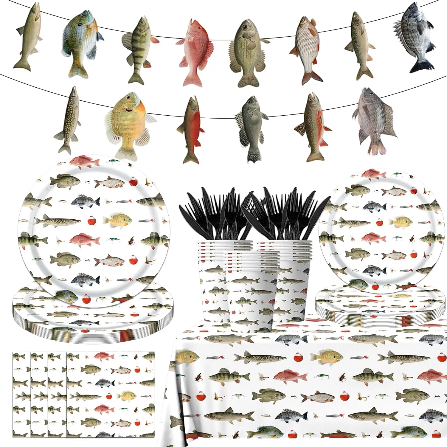 Gone Fishing Party Decoration,142 Pcs Fishing Themed Tableware Set Tablecloth,Plates,Napkins for Little Fisherman Decorations,Ofishally One Birthday Decorations
