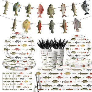 Gone Fishing Party Decoration,142 Pcs Fishing Themed Tableware Set Tablecloth,Plates,Napkins for Little Fisherman Decorations,Ofishally One Birthday Decorations