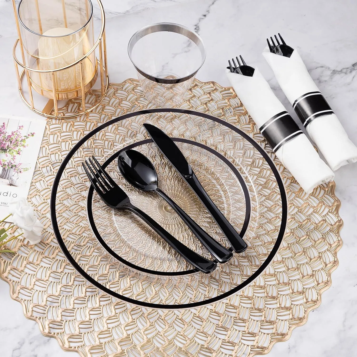 Goodluck 175 Piece Black Plastic Dinnerware Set for Party, Clear Disposable Plates for 25 Guests, Include: 25 Dinner Plastic Plates, 25 Dessert Plates, 25 Pre Rolled Napkins with Cutlery Set, 25 Cups