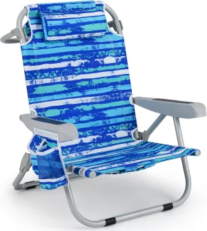 Goplus Beach Chair, 330lbs Folding Backpack Chairs for Adults with 5-Position Backrest, Storage Pockets, Towel Bar & Headrest, Foldable Low Beach Lounge, Portable Aluminum Lay Flat Camping Chair
