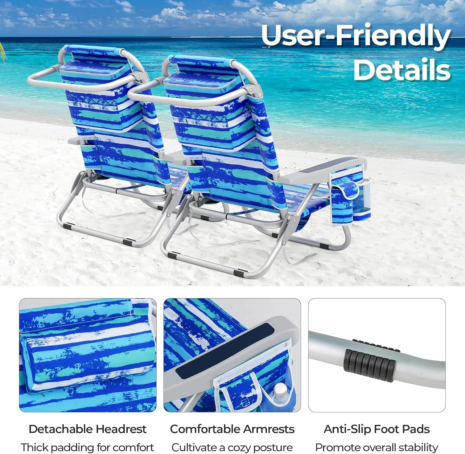 Goplus Beach Chair, 330lbs Folding Backpack Chairs for Adults with 5-Position Backrest, Storage Pockets, Towel Bar & Headrest, Foldable Low Beach Lounge, Portable Aluminum Lay Flat Camping Chair