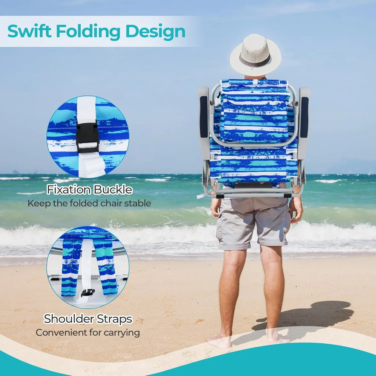 Goplus Beach Chair, 330lbs Folding Backpack Chairs for Adults with 5-Position Backrest, Storage Pockets, Towel Bar & Headrest, Foldable Low Beach Lounge, Portable Aluminum Lay Flat Camping Chair